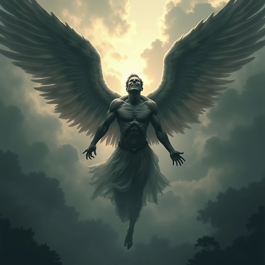 an angel falling from the sky, Lucifer, your gaze is one of hate and envy, but he is not worried about the fall. dark and fanciful image