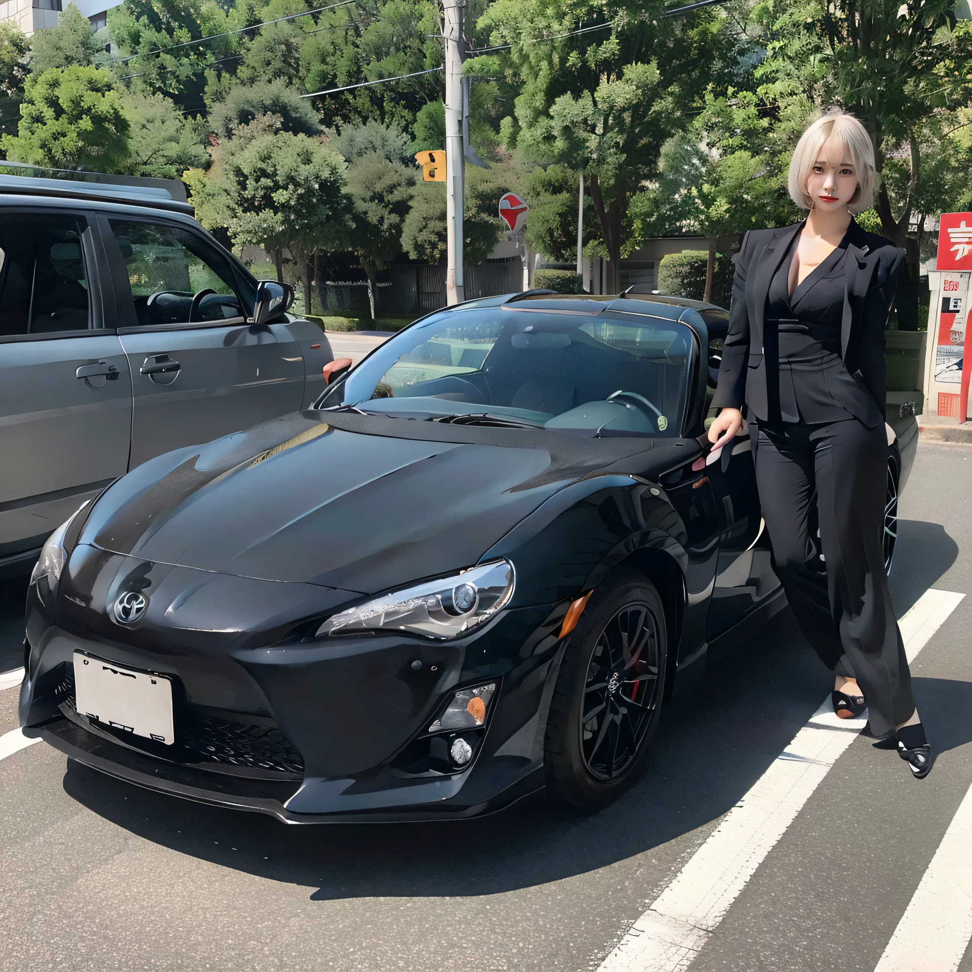 Sexy Woman、Big Breasts、Platinum Blonde Hair、Short Hair、Black Suit、Toyota 86