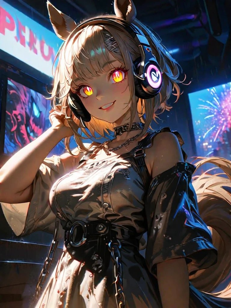 1 person, chromatic aberration, Written boundary depth, Soft Light, masterpiece, Highest quality, complicated, Tone Mapping, Very detailed, Art Station, Concept Art, Smooth, Clear focus, Dramatic lighting, Very detailed artwork, movie, super practical painting, Art Station's trending, 8k, Incredible Shadows, practical, (Very detailed background:1.0), whole body, View, Viewers, Very detailed portrait of one girl 1, standing on street corner, Heavy rain and lightning、Dark Sky, neon and cyber punk background, she is dressed in punk clothing with silver chains and silver spikes, Her hair was dyed light brown...............，The middle part is black, She wears headphones, Detailed red eyes with clear pupils, Ominous aura of light, smile, punk, ciber punk, Backlight.Has horse ears、Has a horse tail,Approaching the horse.No headphones needed、More Horses.Wear a white dress.Fireworks Viewing.Big and sexy breasts