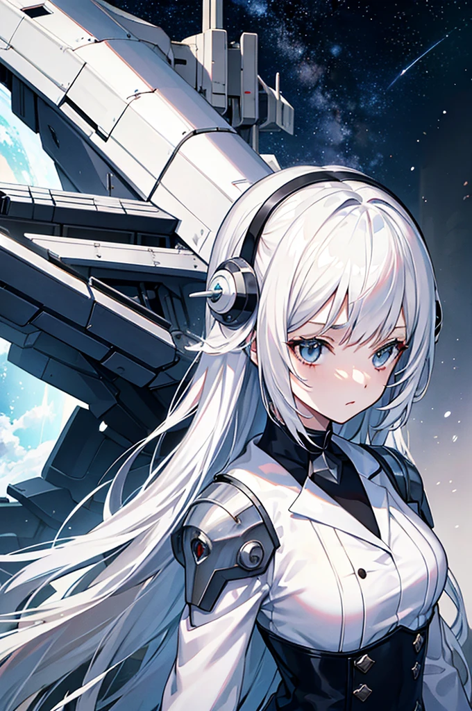 White hair，Girl，Space battleship，Gloomy environment，Masterpiece，high quality