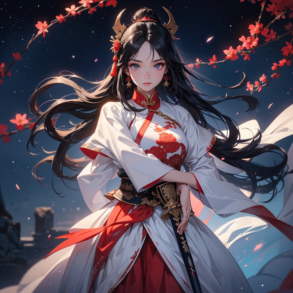 A beautiful black-haired female holding a large sword in white-red ancient Chinese costume, background is a dark night, with moonlight and millions of stars, twinkling everywhere, with blue light, close up.