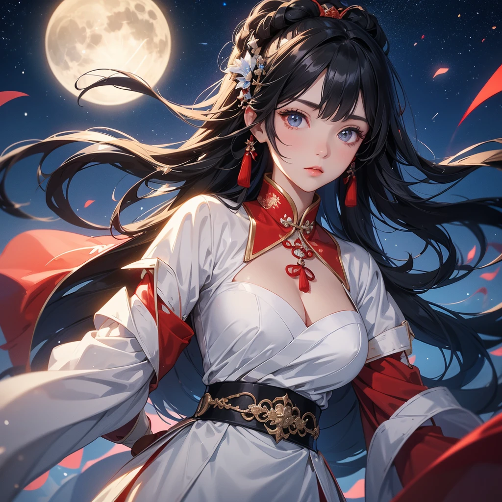 A beautiful black-haired female holding a large sword in white-red ancient Chinese costume, background is a dark night, with moonlight and millions of stars, twinkling everywhere, with blue light, close up.
