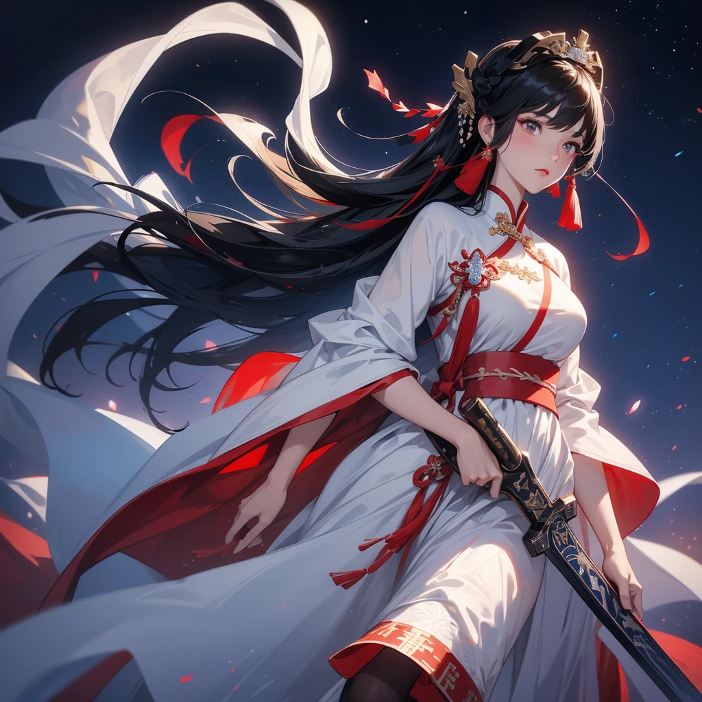 A beautiful black-haired female holding a large sword in white-red ancient Chinese costume, background is a dark night, with moonlight and millions of stars, twinkling everywhere, with blue light, close up.