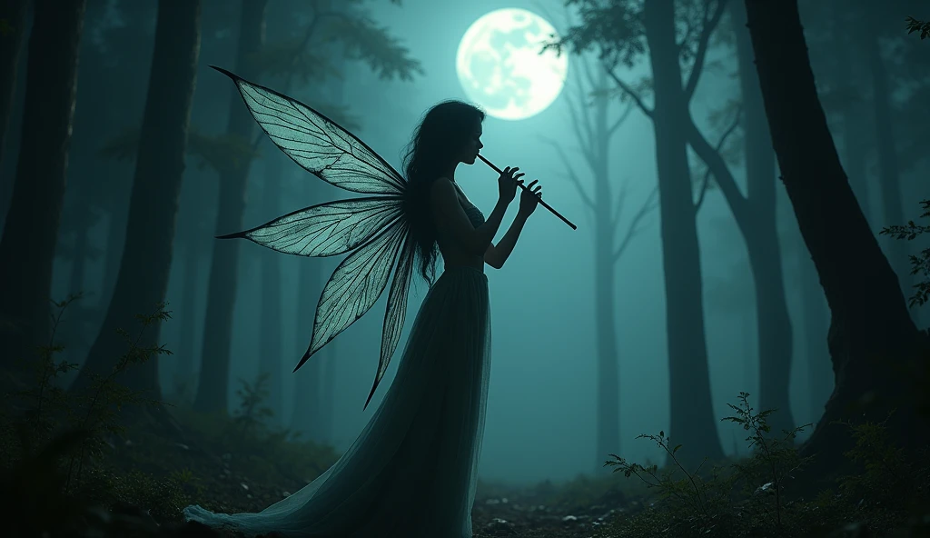 A dark, mysterious scene where a fairy with translucent wings plays a melancholic tune on her flute, surrounded by shadows in a moonlit forest. The full moon casts eerie light through the trees, creating deep contrasts. The camera moves slowly and deliberately, focusing on the intricate details of the fairy’s wings and the ominous atmosphere around her. The 4K resolution captures the sharpness and depth of the shadows and light.