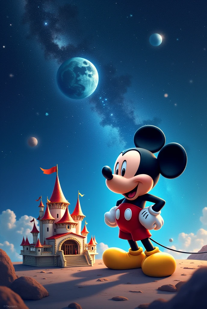Mickey mouse in space next to a small world