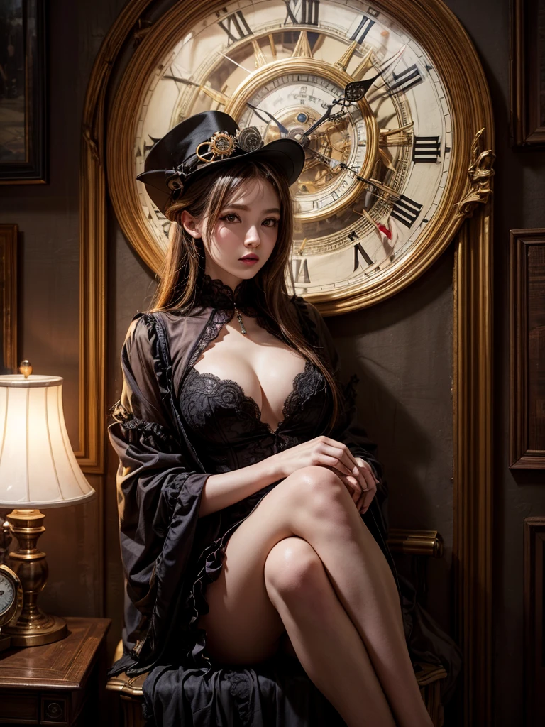 Steampunk Girl, Relax in a room lit by a clock, Eye contact with viewers, Shot at wide angle."