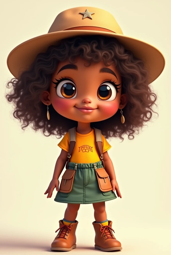 Rita is a girl with a charming presence. Her skin is almond-shaped and her eyes are large and expressive., chocolate color shining with the curiosity and joy that characterize it. Her hair is a veritable explosion of defined brown curls., that stand out around your face with a lovely lightness. Your smile is wide and sweet, always ready to light up the environment and infect everyone around him.
today, Rita is dressed as a fearless little explorer. She wears a set of explorer clothes, which includes a brightly colored t-shirt and an adventurer skirt with lots of pockets. He also has an adorable explorer hat on., decorated with a small star, and comfortable boots that look ready for any adventure.
Rita's personality is pure joy and adventure.. She is a natural born leader to her friends., guiding them with enthusiasm and an adventurous spirit through the world of knowledge. Be exploring books, exploring new concepts or discovering little treasures in everyday life, Rita is always ready to turn every moment into a new and exciting journey..