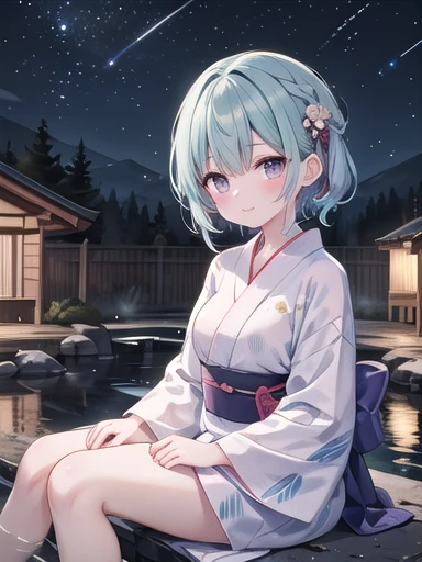 (masterpiece)、(Highest quality)、((Very detailed))、(Very delicate)、Pastel colored hair、Beautiful breasts、yukata、Nighttime hot springs、Amazing starry sky