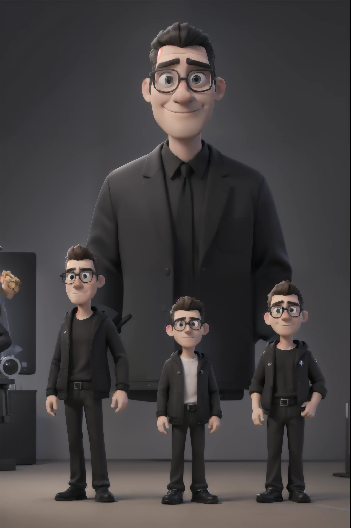 masterpiece, Best Quality, A 3 man, medium strong, round face, wearing a black jacket, wearing black plastic glasses, working in front of a MacBook Pro computer, 4k HD