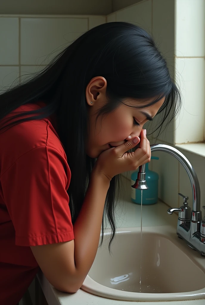 Malaysian woman,vomiting,wears red,side view potrait, vomiting into sink