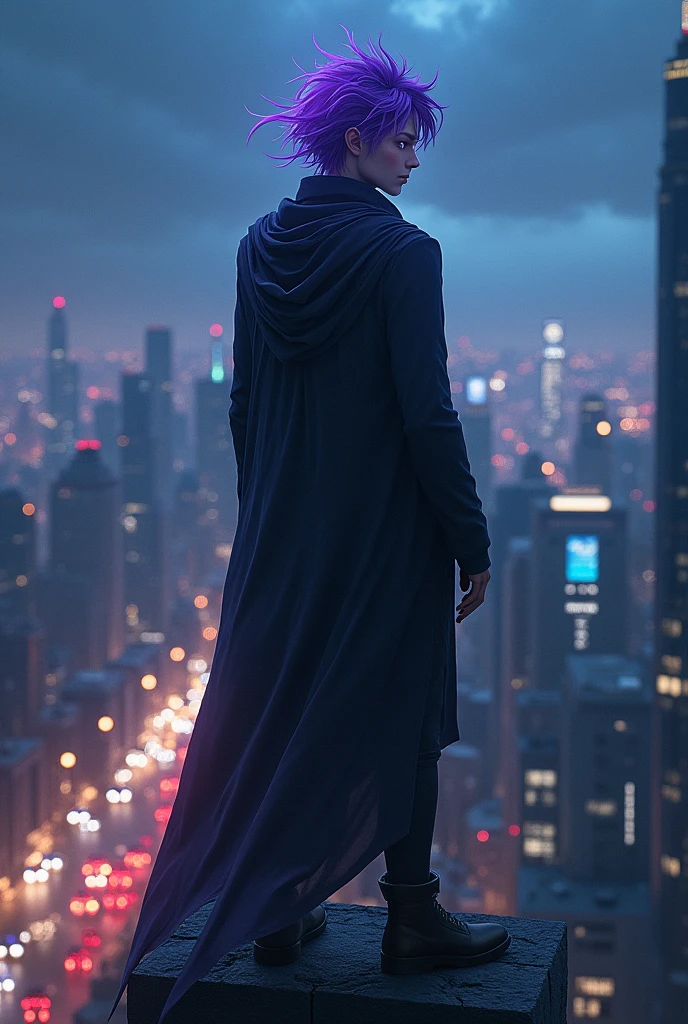 A 2 meter tall man with messy purple hair and shining eye and white skin atop a tall building at night atop a bustling city