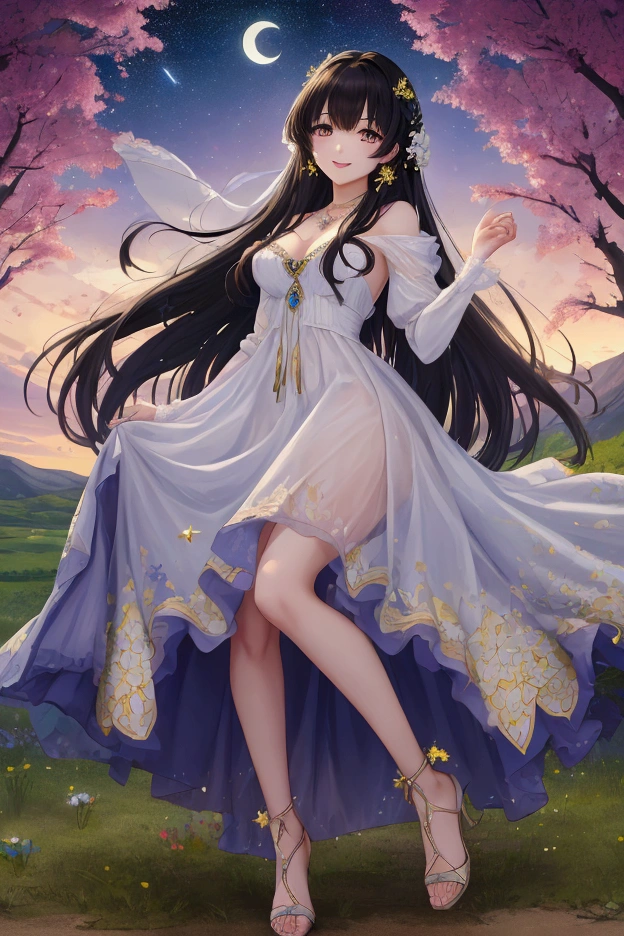 (masterpiece、Highest quality、8k、High resolution)、1 female、(Beautiful Face、Beautiful Face)、Beautiful eyes with slit length、Cute lips、Beautiful Nose、Brownish black hair、smile、(Best anime girl)、Grassland with a forest view、Walking,Colorful flowers blooming in the field,A bright night with the stars clearly visible、full moon、milky way、Mysterious light particles from the whole body、Colorful light particles、A mysterious light shining around your head、melt、jewelry、necklace、White lace dress、(Beautiful full body style)、Highly detailed anime art、A complete portrayal、