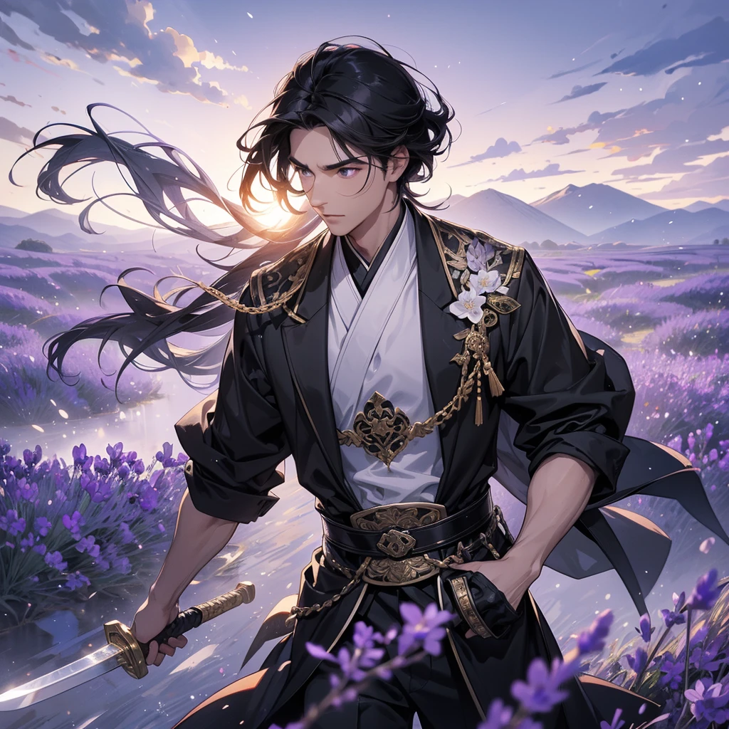 A Handsome black-hair male holding a large sword in black-white ancient general chinese, close up.

Stroll among the purple lavender fields , There are some floating clouds,

 
