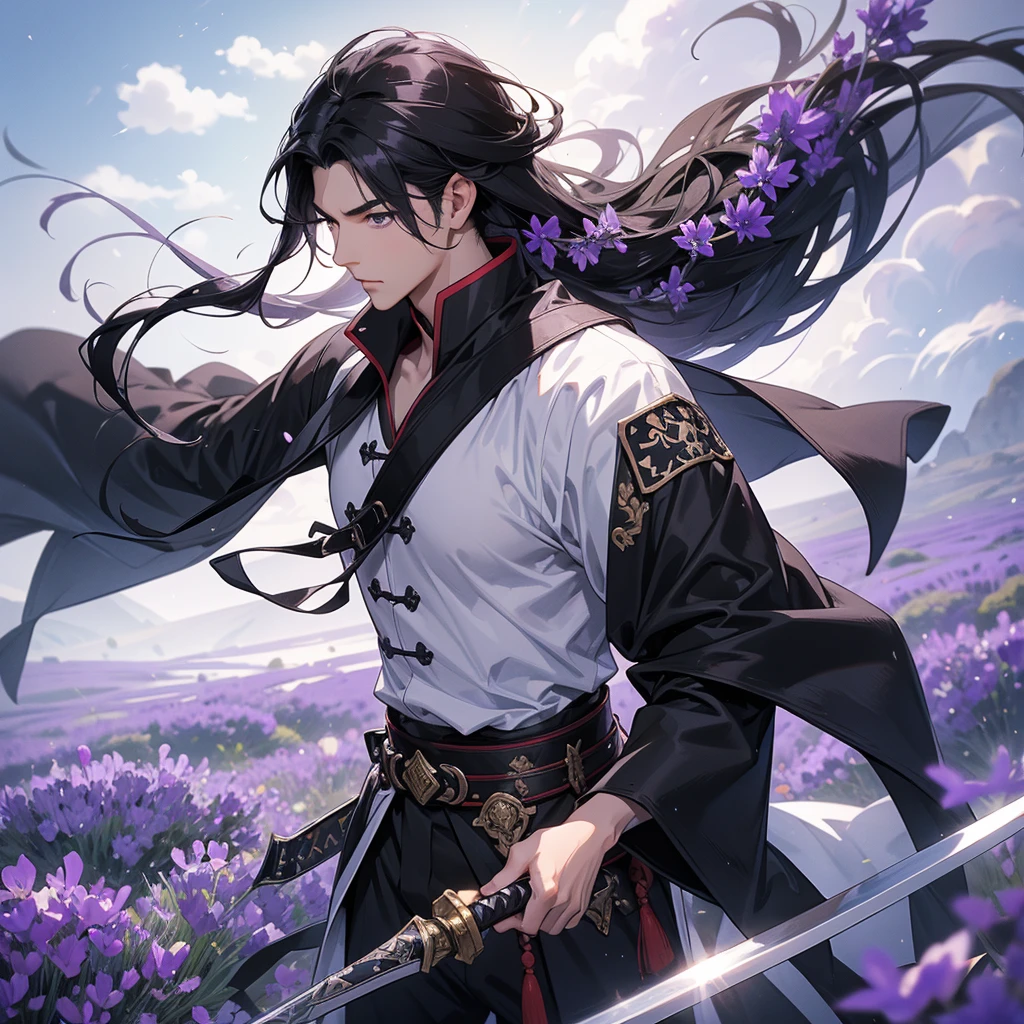 A Handsome black-hair male holding a large sword in black-white ancient general chinese, close up.
Stroll among the purple lavender fields , There are some floating clouds,