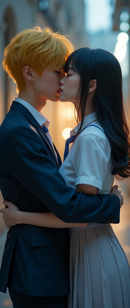 (32K:1.9, Realistic:1.9, Highest quality, masterpiece, Ultra-high resolution), Perfect dynamic composition:1.3, Highly detailed skin and facial textures:1.3, Cute sexy slim Japanese schoolgirl, (Slimman, Height about 180cm), (They both close their eyes, A man carries a woman in his arms and kisses her:1.3), Fair skin, ((Clarity:1.1)), (The guy has a great uniform:1.3, Bright yellow hair, beautiful目:1.3), (The woman is wearing a uniform with a light blue tie..:1.3, Straight black hair.:1.3, smile:0.9, A man completely charms a woman:0.9, beautiful Blue Eyes, beautiful, Clear Eyes:0.8), Sexy Face:0.4, blush:1.1, (beautifulエロティシズムを醸し出す雰囲気:0.8), Professional random camera work, Cinematic Lighting Effects, (Full Body Shot), (Too erotic), romantic, mysterious, Object of admiration, original, dramatic, artistic, Innovative, charm, Heartful, Fancy, Tilt, sense of loss, special, exciting, Extreme, sense of openness, joy, joyの表現, ((若さのcharm, 女性的なcharm))