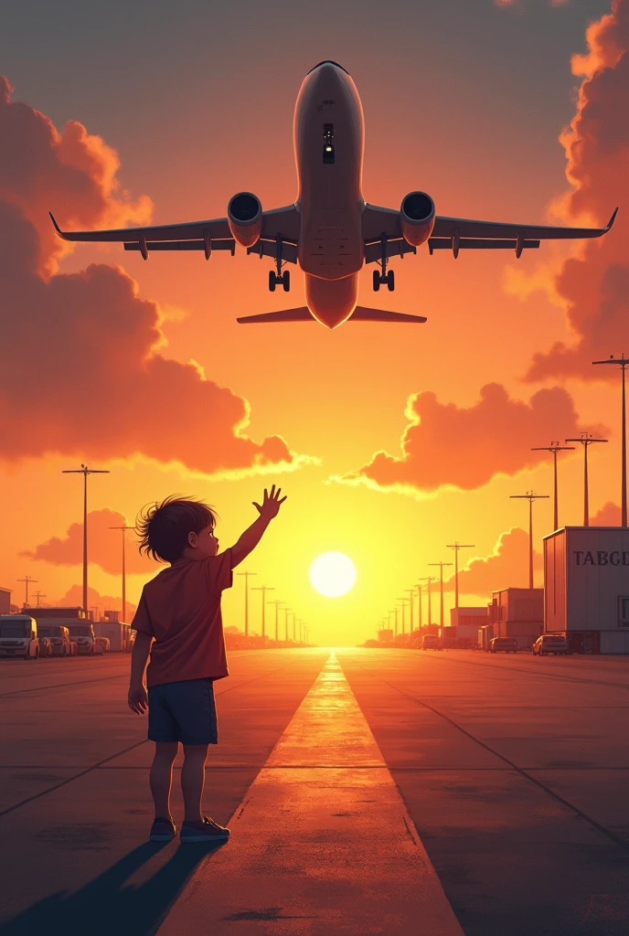 Make me a picture of a child saying goodbye to a plane taking off from the runway flying, realist, vibrant colors at sunset