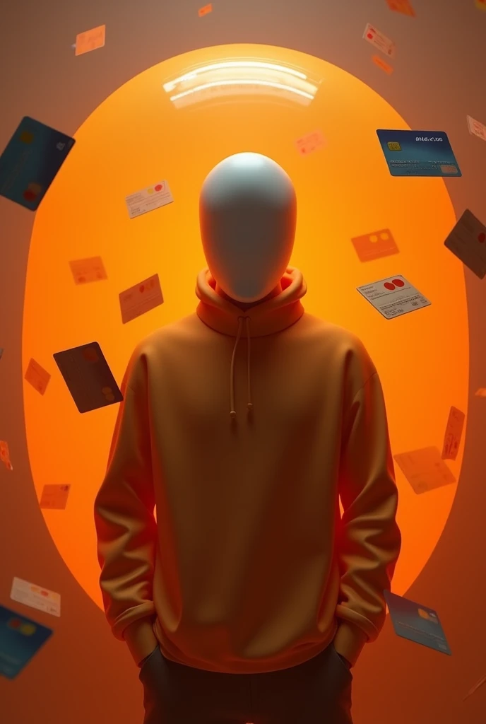 person with anonymous mask, inside an orange floating bubble , with credit cards in the background of the image