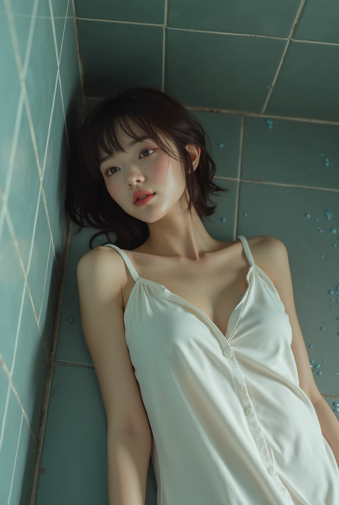 (Highest quality、4K、masterpiece:1.3), Ultra detailed face, Detailed lips, Detailed eyes, double eyelid,
12years old, beautiful girl, Japanese Cute Girl, Surreal, 1 Girl, (flat Breasts, Lean body:1.2), tan skin, Saggy breasts, short hair,
wet light pink low leg, (silk camisole:1.5),(wet:1.2),
white bathtub, in the bathroom.