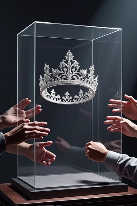 (bookcover), large silver wedding crown, Wedding crown in a glass box on the table, There is a large stage space under the glass box wedding crown, dark background, Many hands from the right and left sides want to grab the wedding crown, perfect hands.