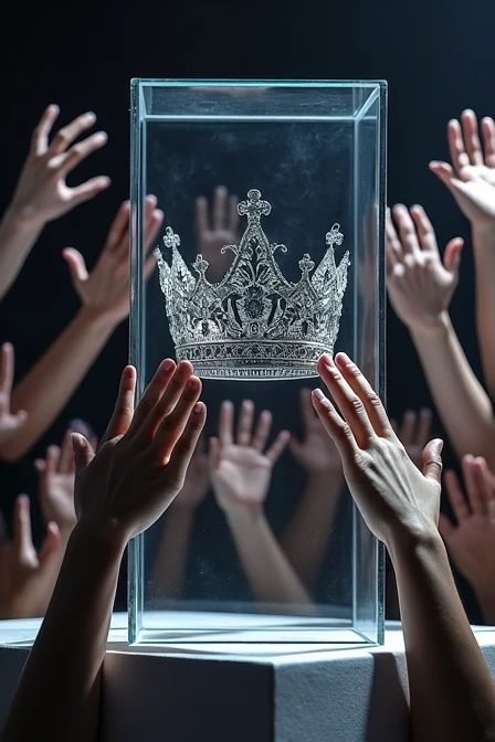 (bookcover), large silver wedding crown, Wedding crown in a glass box on the table, There is a large stage space under the glass box wedding crown, dark background, Many hands from the right and left sides want to grab the wedding crown, perfect hands.