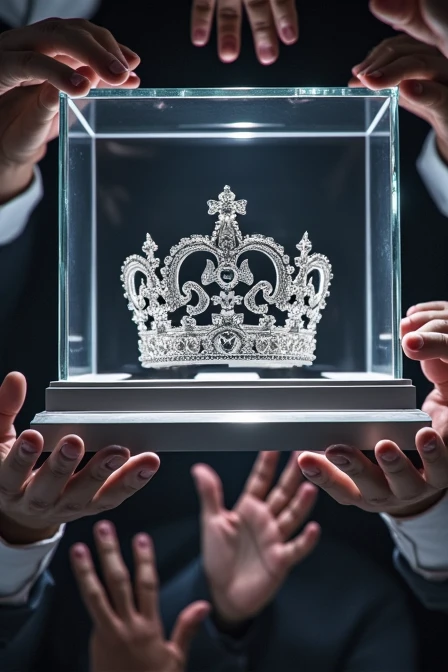 (bookcover), large silver wedding crown, Wedding crown in a glass box on the table, There is a large stage space under the glass box wedding crown, dark background, Many hands from the right and left sides want to grab the wedding crown, perfect hands.