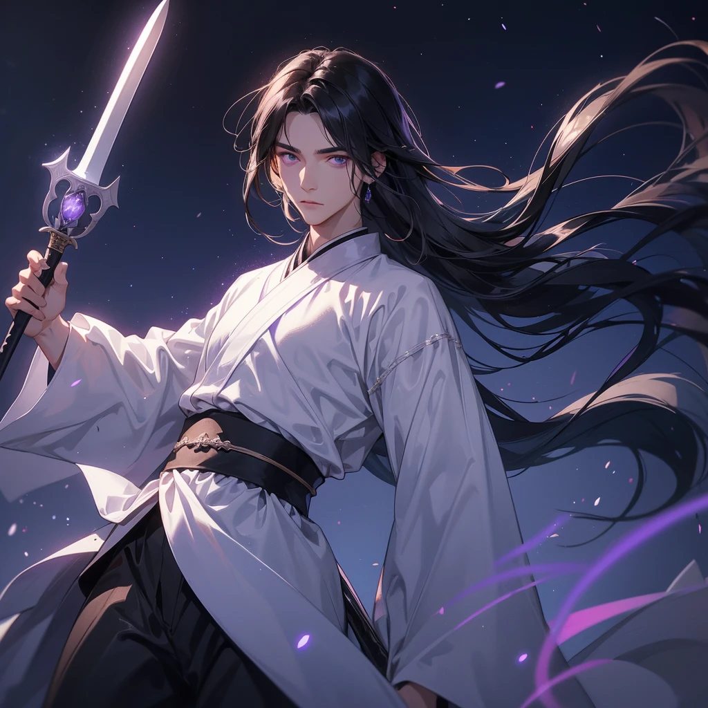 A Handsome black-hair male holding a large sword in white hanfu dress, Background is a dark moonless night, with dry trees in the background, and purple glowing light, close up.