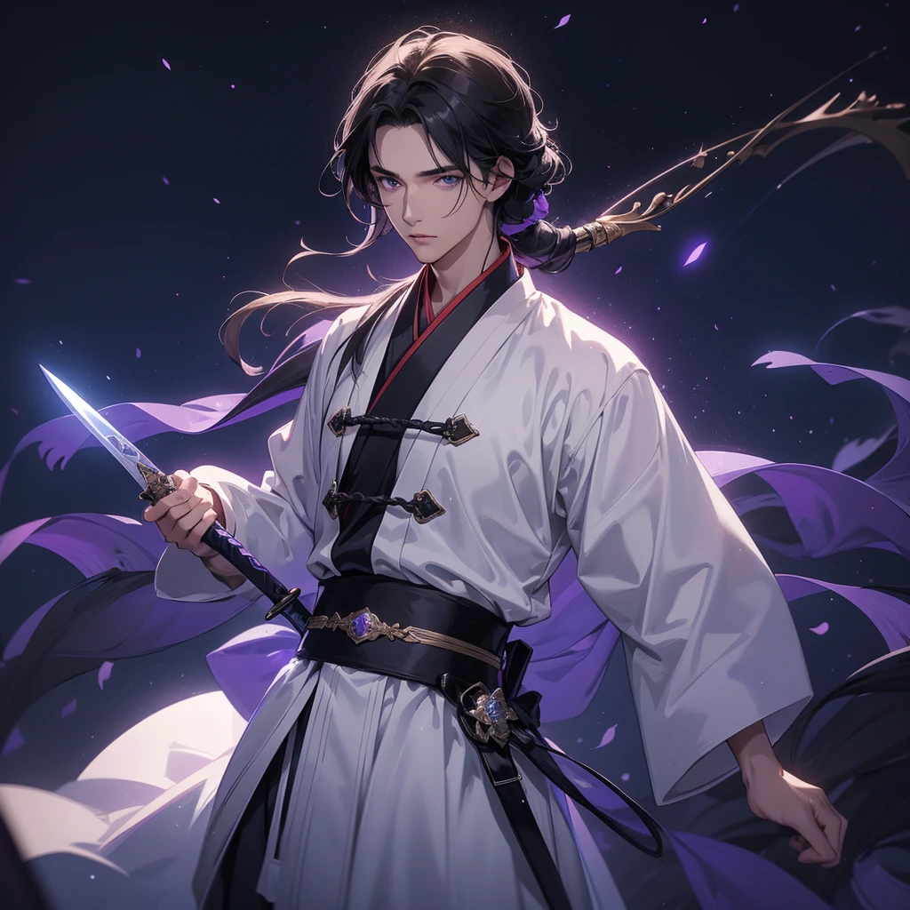 A Handsome black-hair male holding a large sword in white hanfu dress, Background is a dark moonless night, with dry trees in the background, and purple glowing light, close up.