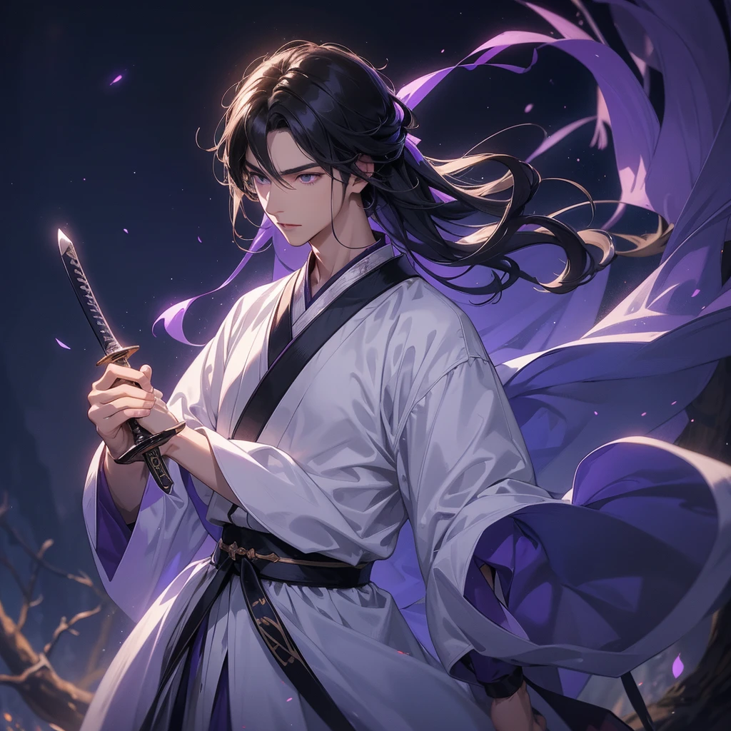 A Handsome black-hair male holding a large sword in white hanfu dress, Background is a dark moonless night, with dry trees in the background, and purple glowing light, close up.