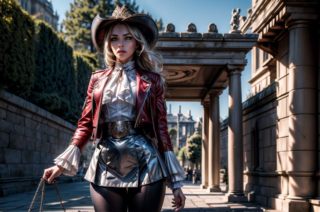 masterpiece,best quality, masterpiece, high detail,detailed face,detailed eyes,rendered eyes,perfect eyes,hip lines,crisp image,detailed,amazing,8k,8k wallpaper,8k background,high detailed skin,high res, (((cowboy shot))), solo, 1girl,looking at viewer,WillowSchnee, . Her attire consists of a white cravat secured by a silver brooch set with a red stone, as well as a light mauve jacket with light sleeves, a wide belt around her waist, a matching pencil skirt with black tights and slippers. serious expression, standing with military officer, outside stately mansion, sunny afternoon, sculpture at center of hedge maze, holding wine glass, servants and security detail standing by, (volumetric lighting), sharp focus, hyper detailed