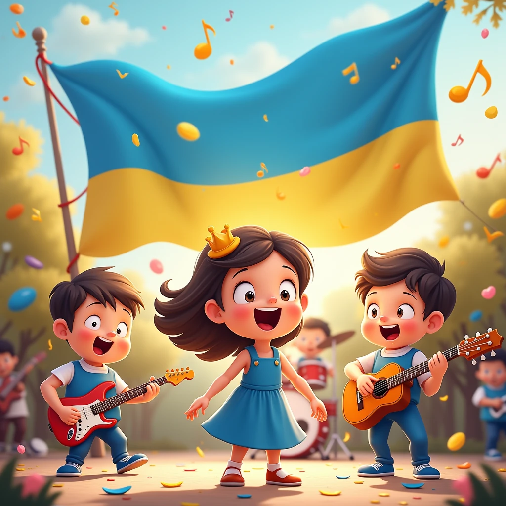 animated characters playing instruments, and one sings this song. the Ukrainian flag flies in the background