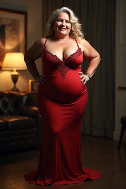 Older fatty women in hot dress in room full body