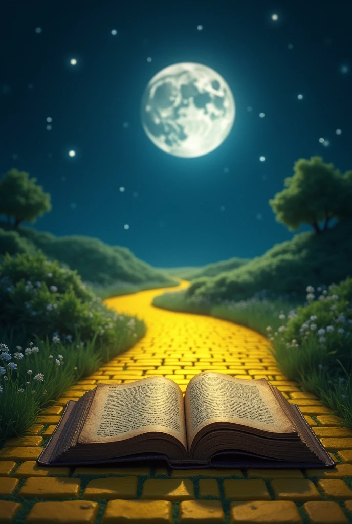 a book on a yellow brick road at night