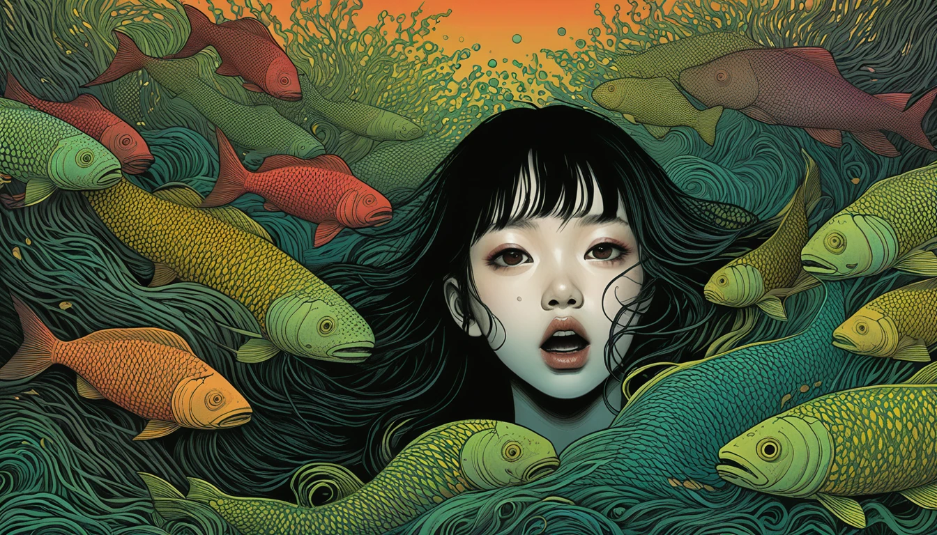 An illustration、art、Horror, Supervised by Junji Ito、Attention to detail, Realistic shadows、Analog Style, chromatic aberration, Surrealism、pop、