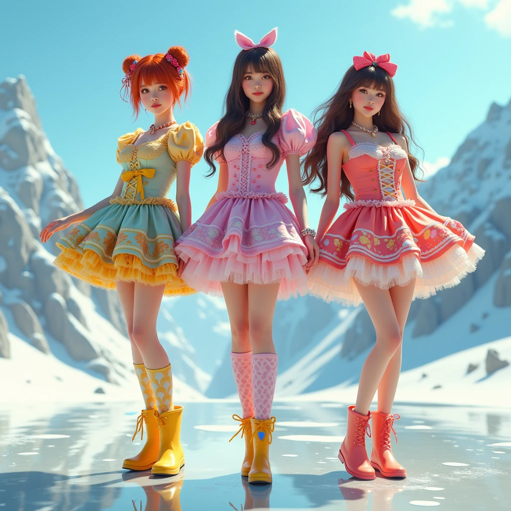 Extremely cute realistic and sweet photo, of three -head woman's 30years body, Group photo, ((colourful, fresh cute)),Three or girl on peace of ice, first tied back in a messy bun short red hair, second brunette long hair, third brunette hot long hair, Model figure cute, long-legged woman, A woman in a luxurious and elaborate colorful fresh ta dress, wearing yellow wellies shoes long, with hearts on, patterned tights, standing on a snowy mountain, with reflective skin and reflective clothing, venus cute body, full body shot, ray tracing, reflection light, chiaroscuro, UHD, masterpiece, anatomically correct, textured skin, super detail, high quality, 4K, higher, girls smiling, have fun