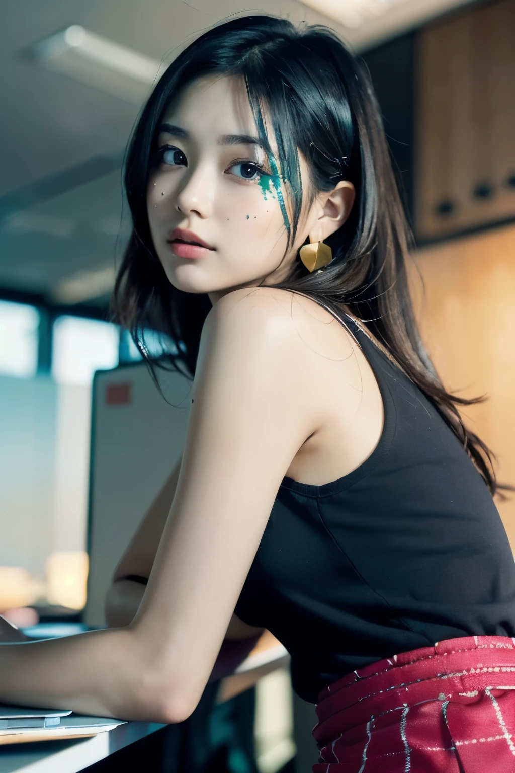 ((Realistic Sunlight, 8k, Best Quality, Masterpiece: 1.5, Illustration, Ultra-detailed, finely detail, high resolution, 8K Wallpaper, Perfect dynamic composition, Beautiful detailed eyes)), ((slit skirt:1.8)), Natural Color Lip, (office:2.0),24 years girl, shiny sweaty skin:1.4, ((beautiful detailed face and eyes:1.5)),((Highly detailed face and skin texture, Highly detailed lip texture, Raw Photo)), (Very Delicate and Cute Japanese Girl:1.5), (1 girl), Perfect Style, necklace, earrings, realistic shadows, from behind:2.0