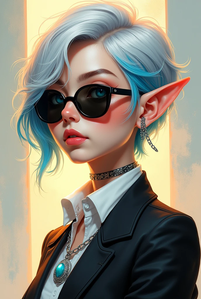 ((Best Quality)), ((masterpiece)), (detailed), (original), (realist), a young woman with vibrant silver hair, blue hair tips, with a slightly messy style, pixie cut, His striking light blue eyes., and has light freckles scattered across her face. Elf&#39;s ears, Lighting should be warm, black sunglasses, giving your skin a slightly shiny appearance. The background should be abstract and soft., Warm tones and some silver splashes to match your hair.. She is wearing a black, suit with white shirt, with subtle silver details. cyan stone neck chain , The overall atmosphere should be modern., slightly ethereal, and striking, spy earpiece, 