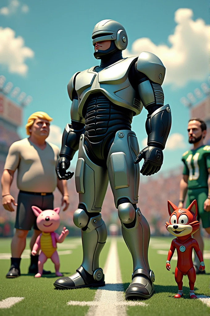 Create an image where these characters appear on an American football field:
- Robocop - Donald Trump - a dog - Baby Bop, Barney's friend - a wizard - Saiyan Gotenks failed transformation - Tweety - Sam with a mustache from Looney Tunes - a makaco