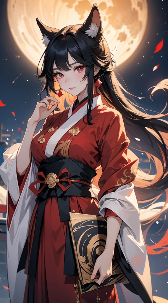 (masterpiece:1.3), ((Best quality at best)), (disorganized:1.3), (highest quality:1.3),(perfect anatomy:1.5),Super detailed:1.3),(best shadow:0.7),(Ultra high resolution), (Highest quality),(masterpiece), 8k,Very detailed, Detailed light, Best Shadow,Detailed reflective eyes, Beautiful Eyes, Very detailedな顔,Shiny Hair,sexly,Big Breasts,Charm,one person,Gloss,Black Hair,,Inner hair color red,Red eyes,Nine-Tailed Fox,Animal ears,kimono,Miko costume,enchanting,Expressionless,Blushing,full moon,Glass Art,Enchanting,Japanese sword,Empty sheath on right hip,Demon Sword,Beautiful fingers,Beautiful hands,Refers to 5 books,Japanese sword in left hand,