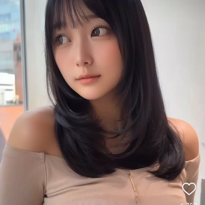 Highly detailed face and skin texture, fine grain, photorealistic rendering, subsurface scattering, high-resolution facial features, micro skin details, natural skin tones, soft shadows, and highlights. Close-up of a woman with long black hair wearing a tank top, Hime cut, Beautiful Skin、Deeply carved face、Detailed eyes、Detailed eyelashes　Detailed eyebrows、Detailed mouth、Moisturized lips、Yoshitomo Nara, Real life anime girls, 白Hime cutヘアスタイル, Ultra realistic anime, Beautiful Japanese girl face, 黒Hime cutヘア, Ishida Sui with black hair, Real young gravure idol, Girl cute beautiful face