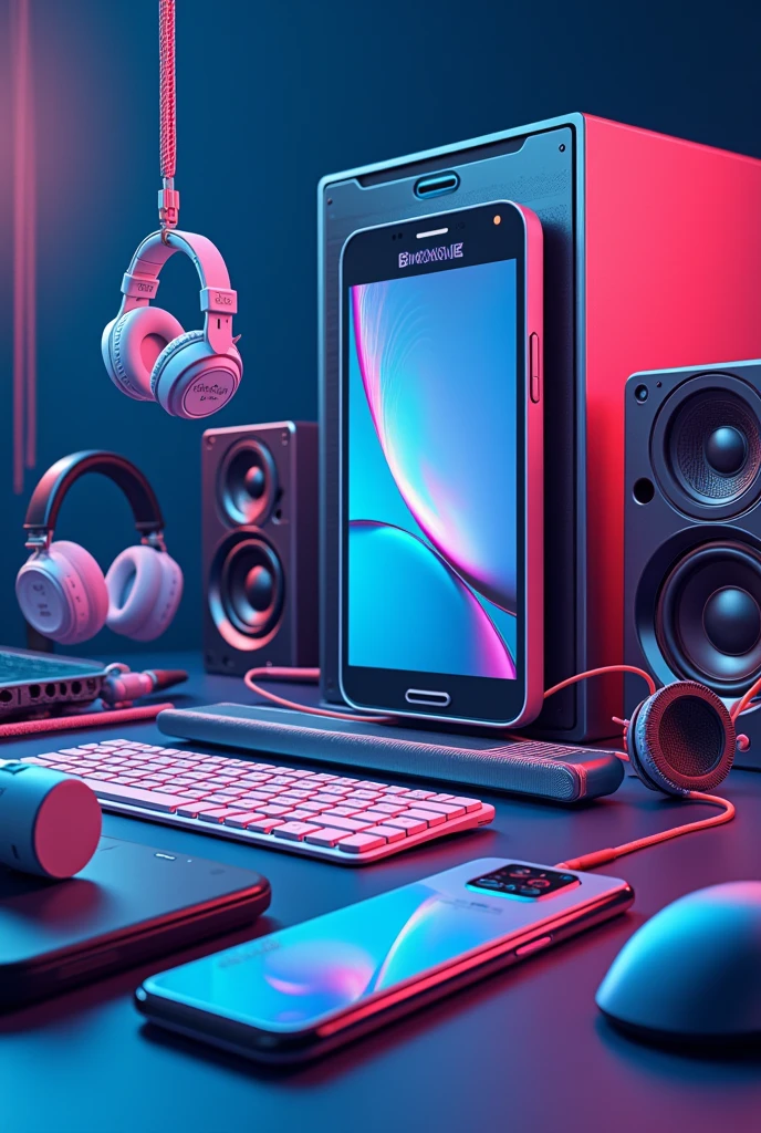 brightly colored image that has phone accessories, such as chargers, USB cables, headphones, keyboards, mice, speakers, phone cases, laptop cooling trays, dark blue in tone and that everything is related to Android and that is not so realistic