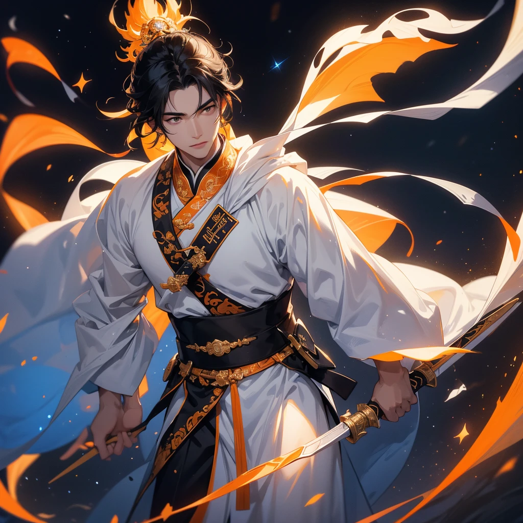 a Handsome black-haired male holding a large sword in white-orange ancient Chinese costume, background is a dark night, with moonlight and millions of stars, twinkling everywhere, with blue light, close up.