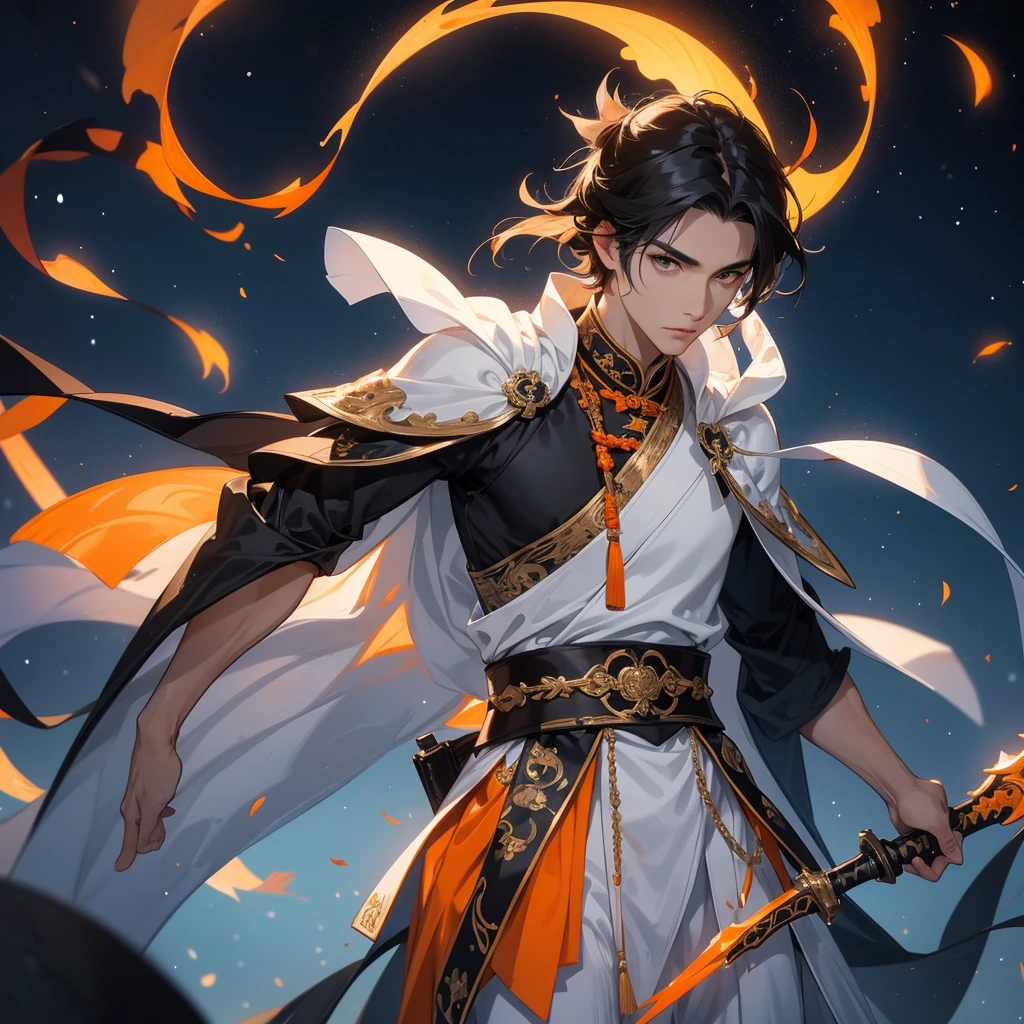 a Handsome black-haired male holding a large sword in white-orange ancient Chinese costume, background is a dark night, with moonlight and millions of stars, twinkling everywhere, with blue light, close up.