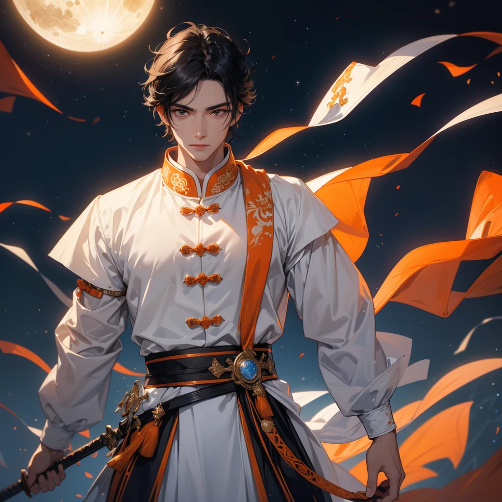 a Handsome black-haired male holding a large sword in white-orange ancient Chinese costume, background is a dark night, with moonlight and millions of stars, twinkling everywhere, with blue light, close up.