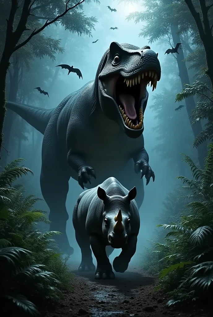 frightful Tiranossauro Rex perseguindo um rinoceronte na floresta africana de noite. Bats flying. Terror. frightful. fear.
