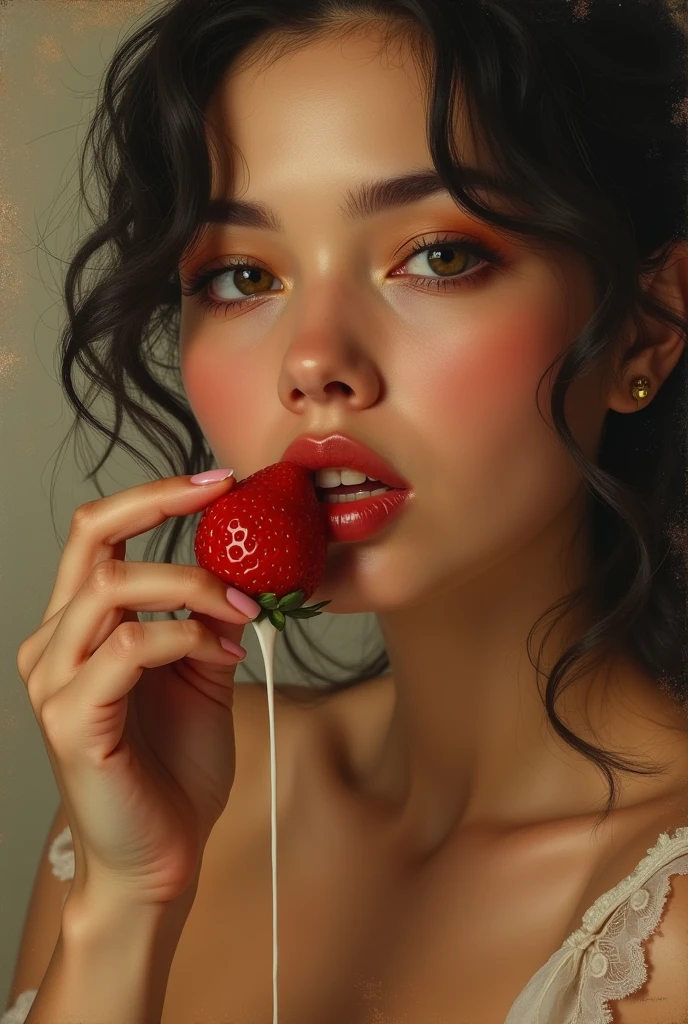 Create a painting of a sexy and beautiful young woman eating a strawberry and dripping evaporated milk down her red lips