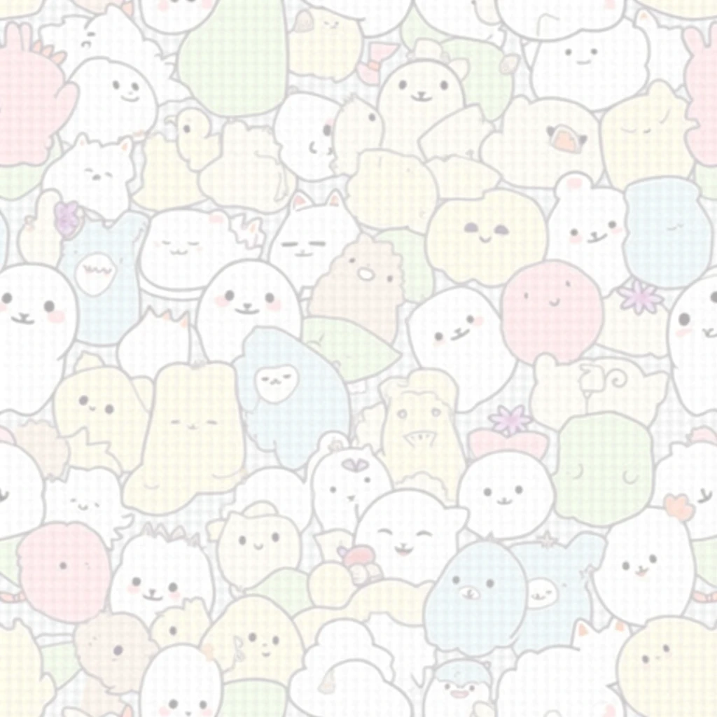 "Create a highly detailed cartoon-style print, focused on Squishmallows characters arranged in an overlapping manner, taking up all the space, without leaving empty areas. The image should include different Squishmallows with adorable expressions., all drawn with thin black outlines on a light gray background. Some of the characters should be colored in soft shades of pink., green and blue, while others remain black and white.
Specific characters to be included:
Um Squishmallow axolote, with pink body and lighter cheeks, positioned in the central left part.
Um Squishmallow em forma de cacto, with a green body and a purple flower on top of the head.
An owl Squishmallow, in shades of blue and white, located on the right side of the image.
Various other monochromatic Squishmallows, including a cat, a elephant, a raccoon and a lion, drawn only with thin black outlines.
Each Squishmallow must have a simple and cute facial expression., varying between smiling, blinking, or simply with your eyes open. The lines that delimit the characters must be thin, but well defined, creating a sharp contrast between the colored characters and the black outlines.
Art should maintain a soft and cozy appearance., ideal for printing women's, children's and teenage clothing. Ensure that the print has a homogeneous distribution, with the characters interspersed and overlapped in such a way that they create a continuous and pleasing pattern, no empty spaces."