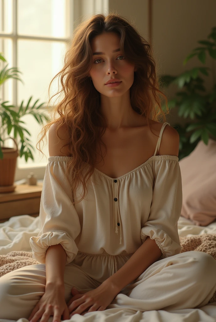 (photorealism:1.2), beautiful woman, sitting on bed, wearing loose off-shoulder top, pajama pants, long curly hair, indoors, soft lighting, plants in background, window with sunlight, cozy room, relaxed pose, realistic, intricate details, warm colors, by Greg Rutkowski, by Alphonse Mucha