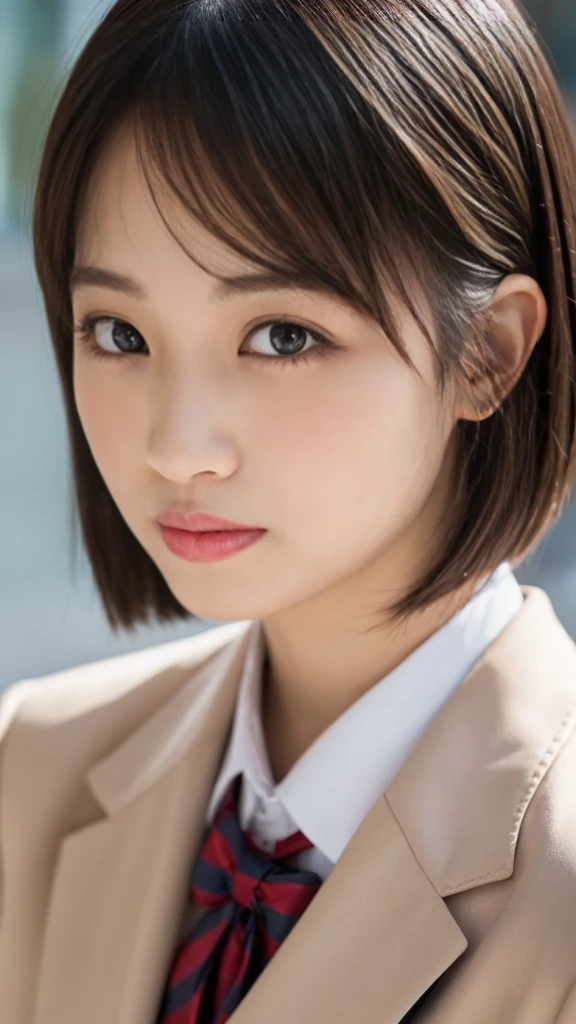 masterpiece, Highest quality, figure, Very detailed, The finer details, High resolution, 8k,wallpaper, Perfect dynamic composition,(Detailed high quality, Realistic depiction of eyes:1.3), Upper Body, 正面figure, locker room、Schoolgirl uniform、blazer 、huge 、Disheveled uniform,  Short Bob Hair, Black hair color, hugeな胸, Big Natural Color Lip, Crying a little、Harajuku Style、20-year-old girl