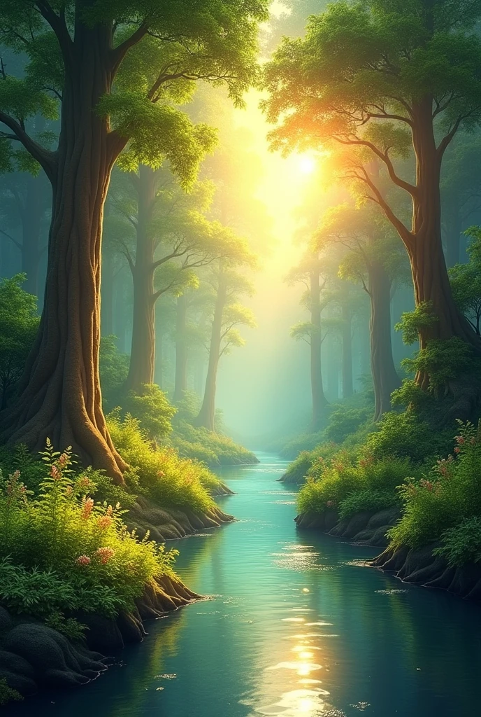 Beautiful forest with river and sun