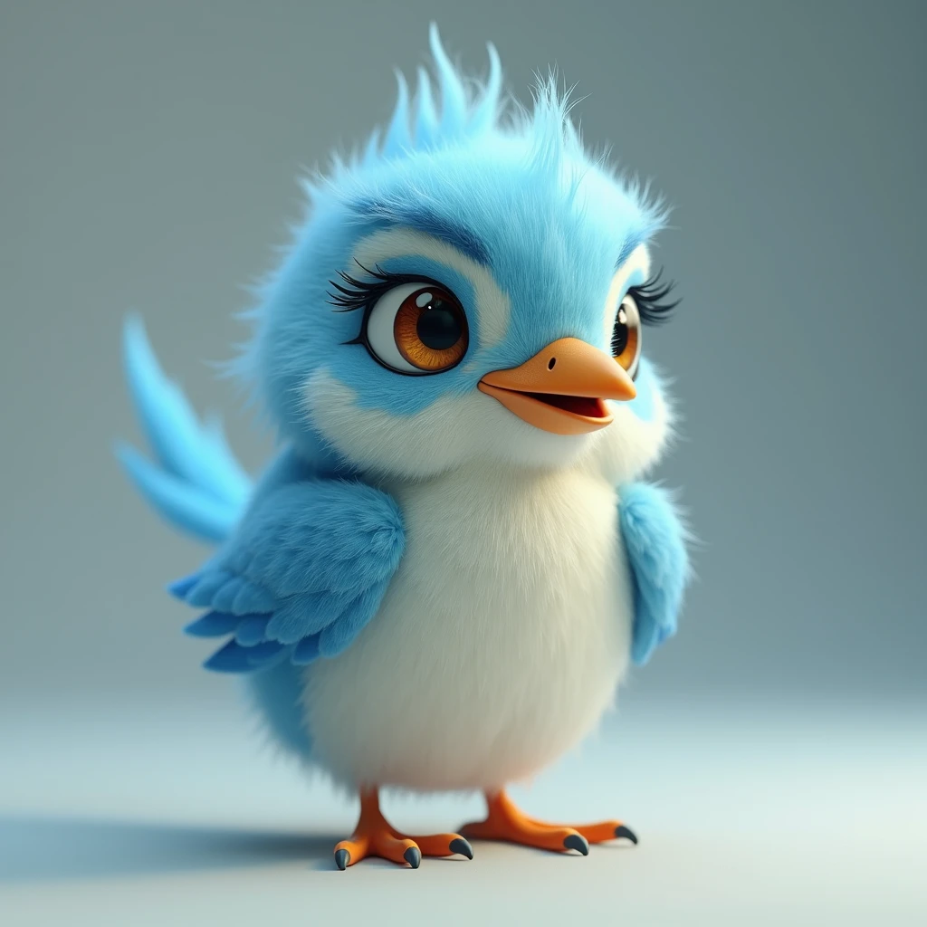 Animated HD image of a female bird with blue soft feathers, cute face and a bit scary
